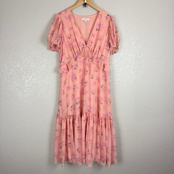 LoveShackFancy Fleur Chiffon Midi Dress Peachy Pink Floral 16 Wedding Guest - Picture 3 of 13